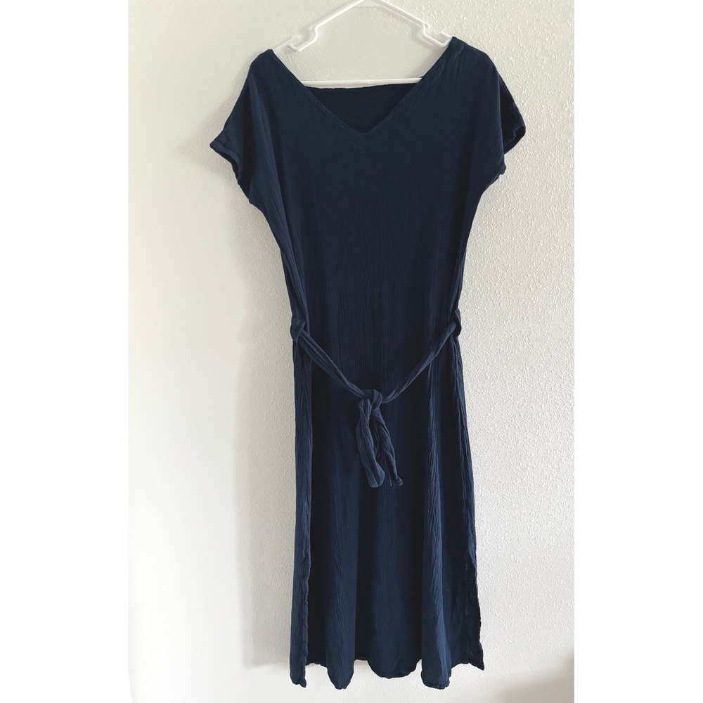 Oh My Gauze Dress Womens 1 Blue Cotton Midi Belted Crinkle Lagenlook‎ Minimalist